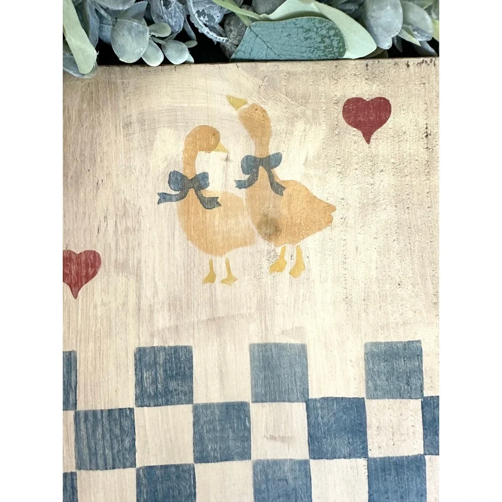 Cottagecore painted Goose Checkerboard wall decor‎ geese country folk art wood